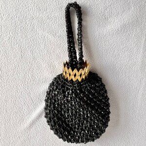 1950s 1960s Le Jule Black Bead & Raffia Accordion Closure Purse Handbag